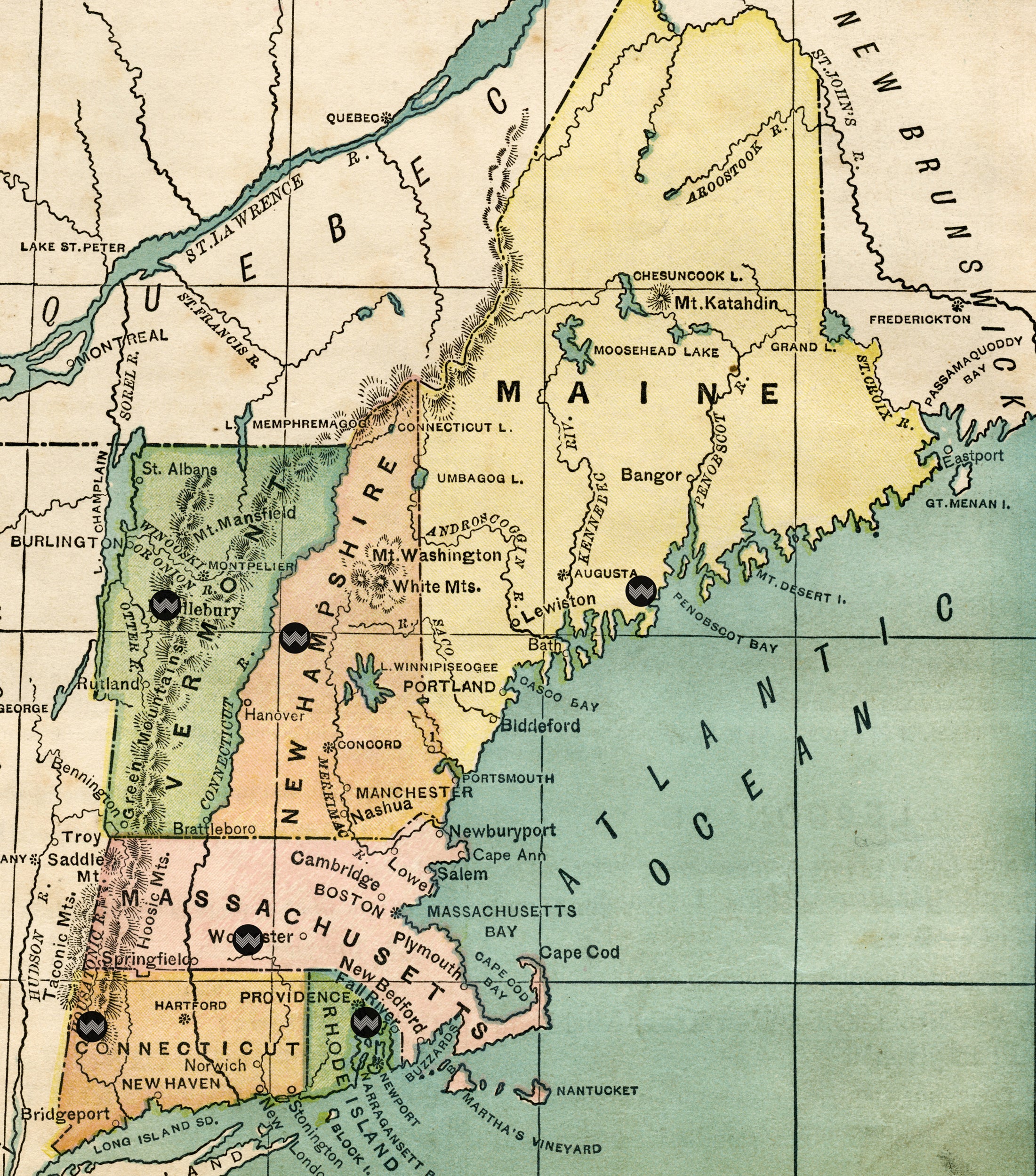 Vintage, colorful map of New England with an icon showing where each town named Warren is located in each state.